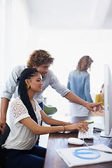 Image showing Computer, pointing or manager coaching a woman in startup or research project in digital agency. Leadership, mentorship or person helping, training or speaking of online networking to female employee