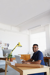 Image showing Architecture, portrait or black man typing on laptop working on engineering project, planning or online research. Digital, designer or African civil engineer with blueprint or floor plan on website