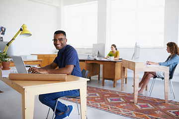 Image showing Journalist, portrait or happy black man typing on laptop working on business project or online research. Computer, data or worker copywriting on digital blog or internet article with smile or pride