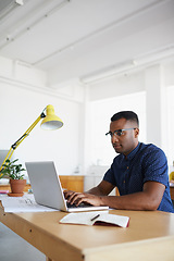 Image showing Journalist, office or black man copywriting on laptop working on business project or online research. Computer, digital agency or focused worker typing for blog content, reports or internet article