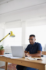 Image showing Journalist, typing or black man with laptop for research working on online business or copywriting. Computer, digital agency or focused worker searching for blog content, reports or internet article