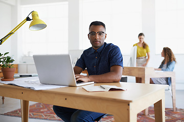 Image showing Journalist, portrait or black man with laptop for research working on online business or copywriting. Computer, digital agency or focused worker typing for blog content, reports or internet article