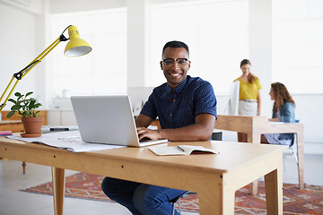 Image showing Journalist, portrait or happy black man with laptop for research on online business or copywriting. Smile, digital agency or worker typing for blog content, reports or internet article on computer