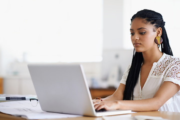 Image showing Journalist, typing or girl with laptop for research working on online business or copywriting in digital agency. Computer or focused biracial woman searching for blog content, email or article site