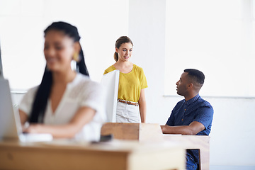 Image showing Computer, black man or woman training a worker in startup or research project in digital agency. Leadership, laptop or manager helping, coaching or speaking of SEO data or online branding to employee