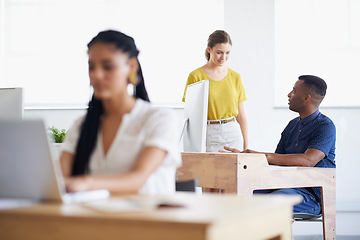 Image showing Computer, black man or woman coaching a worker in startup or research project in digital agency. Leadership, laptop or manager helping, training or speaking of SEO data or online branding to employee