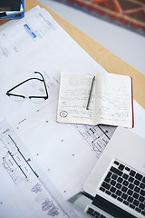 Image showing Notebook, laptop and blueprint on desk above for architecture planning, strategy or layout at office. Top view of building paperwork, floor plan or architect notes for construction ideas on workspace