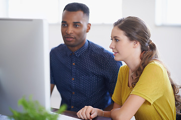 Image showing Computer, people or black man coaching a worker in startup or research project in digital agency. Leadership, laptop or manager helping, training or speaking of SEO data or online branding to woman