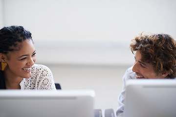 Image showing Journalist, computer or happy people in office laughing working on digital business or research project. Woman, funny joke or employees copywriting on online blog reports or internet article with joy