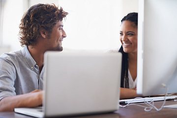 Image showing Funny, computer or happy people chat on break talking, chatting or speaking of gossip news together. Laptop, laughing or relaxed employees in conversation or discussion about a blog article at desk