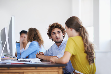 Image showing Teamwork, computer or creative people planning in startup for a research project in office together. Collaboration, focus or young woman helping or speaking of design ideas on notes or pc desktop