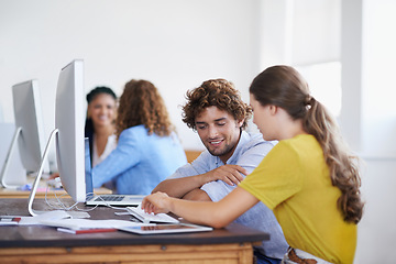 Image showing Teamwork, planning or people writing notes in startup for a research project in office desk together. Collaboration, smile or creative woman helping or speaking of ideas on documents or paperwork