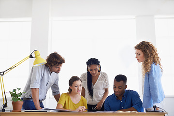 Image showing Creative business people, coaching and team collaboration in planning, diversity or teamwork at office. Group of employees working together on project plan, documents or paperwork in startup strategy