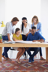 Image showing Happy business people, blueprint and meeting for planning, architecture or construction at office. Architect group working on paperwork in project discussion or floor plan in team collaboration