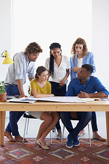 Image showing Creative business people, blueprint and meeting for document planning, architecture or construction at office. Architect group in project discussion with floor plan in team collaboration for startup