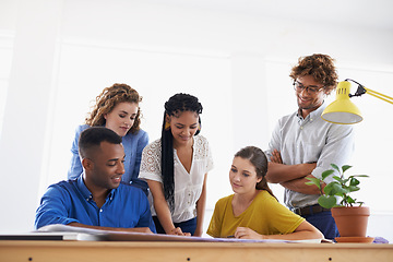 Image showing Diversity, business people and documents in team strategy for planning, brainstorming or design at the office. Group of diverse employees working on paperwork in teamwork collaboration at workplace