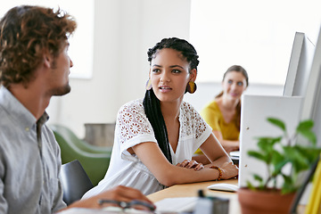 Image showing Journalist, computer or people in office talking or speaking of digital business or research project. Woman, discussion or employees in conversation about on online blog reports or internet article