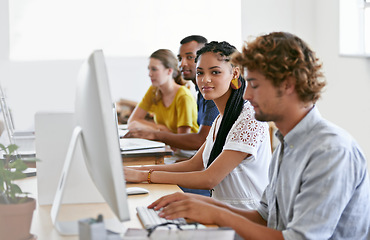 Image showing Journalist, portrait or woman in office typing on computer working on digital business or research project. People, database or employees writing online blog reports or internet article with focus