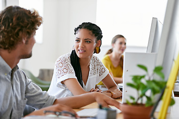 Image showing Woman, computer or people in office talking or speaking of digital business or research project on break. Relax, discussion or employees in conversation about on online blog or internet article