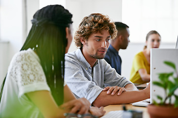 Image showing Teamwork, computer or people in office talking or speaking of digital business or research project. Woman, laptop or employees in conversation about online blog reports or internet article together