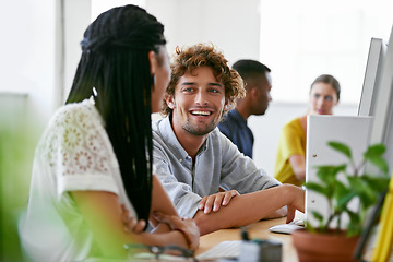 Image showing Happy man, chat or people in office on break talking, chatting or speaking of gossip news together. Bonding, smile or relaxed employees in conversation or discussion about on blog or article at desk