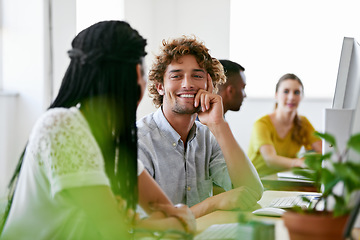 Image showing Smile, happy man or business people on break talking, chatting or speaking of gossip news together. Bonding, laughing or relaxed employees in conversation or discussion about a blog article at desk