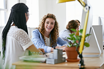 Image showing Women, break or happy people in office talking or speaking of a crazy story, gossip or news together. Funny joke, chatting or woman laughing in conversation or discussion about comedy blog at desk