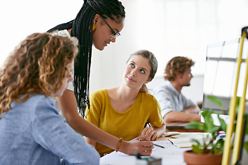 Image showing Woman, floor plan or engineering manager writing or planning project talking with leadership in meeting. Coaching women, teamwork or designers working on strategy of architecture blueprint in office