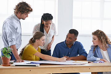 Image showing Business people, blueprint and sharing ideas in meeting for construction planning or architecture at the office. Architect group working together on document, project or floor plan at the workplace