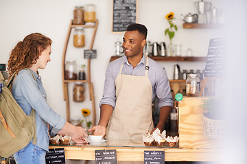 Image showing Coffee shop, customer and waiter talking about service, hospitality or smile of a man. Happy woman buying tea at a restaurant, cafe or cafeteria of small business with barista, cashier or manager