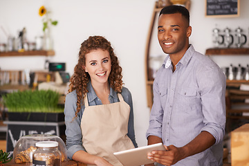 Image showing Cafe owners, tablet and portrait of people, training and coaching in store. Waiters, black man and happy woman in restaurant with technology for inventory, stock check and managing sales online.