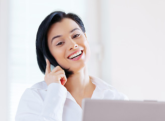 Image showing Phone call, happy and portrait of businesswoman in the office planning project with technology. Confidence, smile and professional female employee on mobile conversation with cellphone in workplace.