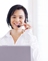 Image showing Telemarketing, portrait and woman customer support consultant doing online consultation in the office. Contact us, crm and professional female call center agent working with a headset in workplace.