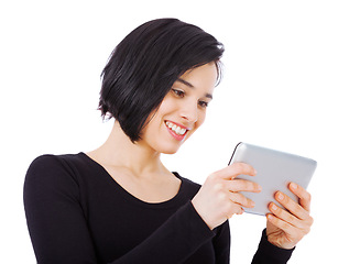 Image showing Smile, tablet and woman reading online content on the internet or social media isolated in a studio white background. Excited, connection and female person typing email or search a website or web