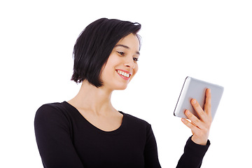 Image showing Funny, tablet and woman laughing at social media meme on the internet or online isolated in a studio white background. Smile, connection and female person reading email or joke on an app or web