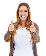 Image showing Success, thumbs up and woman in portrait isolated on a white background in thank you, support or like sign. Winning, winner or excited casual person for yes, okay or good job emoji or hands in studio