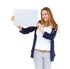 Image showing Poster space, presentation and happy woman isolated on a white background for creative promotion and mockup. Casual person with board, empty paper or sign for announcement, news and mock up in studio