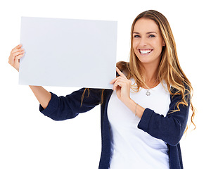 Image showing Poster mockup, portrait and happy woman isolated on white background for creative presentation or promo space. Face of person with board, empty paper or sign for announcement, news and studio mock up