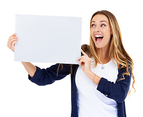 Image showing Poster mockup, wow and excited woman isolated on a white background for news, presentation or announcement space. Happy female person with board, empty sign for surprise or promo deal in studio