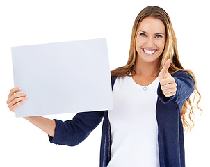 Image showing Poster, thumbs up and woman portrait isolated on white background in presentation or promotion mockup space. Happy person or winner with yes, success or winning hand sign and paper or board in studio