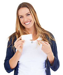 Image showing Business card, pointing and woman portrait isolated on a white background, mockup space and career advertising. Paper or ID mock up and model, entrepreneur or happy person with empty design in studio