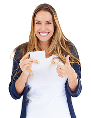 Image showing Business card, portrait and woman with thumbs up isolated on white background, mockup space and thank you hand sign. Entrepreneur or happy person on empty paper design, yes or okay emoji in studio