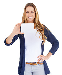 Image showing Business card, mockup and woman in portrait isolated on a white background, design space and career advertising. Presentation, face and confident entrepreneur or person with paper mock up in studio