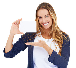 Image showing Woman, portrait and business card presentation isolated on a white background, contact information and mockup. Happy entrepreneur or person show paper mock up, contact information or sign in studio