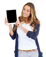Image showing Tablet, scree mockup and woman isolated on a white background for website design, advertising and space. Happy person, model or online user with digital technology, application and mock up in studio