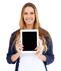 Image showing Woman portrait, tablet and mockup on screen isolated on a white background for website advertising and space. Happy person, model or digital user on online technology, application and promo in studio