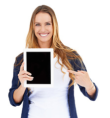 Image showing Woman pointing, tablet mockup and portrait isolated on a white background for website advertising, screen and space. Happy person, model or digital user on technology presentation or app in studio