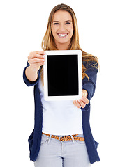 Image showing Woman portrait, tablet mockup and presentation isolated on a white background, screen space or website marketing. Happy person or digital user with technology, software or online app design in studio