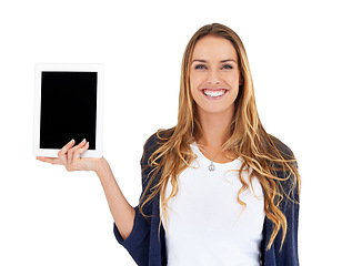 Image showing Tablet, screen and happy woman in portrait isolated on white background and mockup space for online marketing. Face of person or digital user for technology in hand, software or application in studio