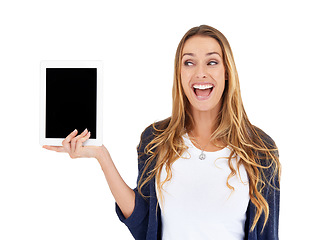 Image showing Tablet, screen mockup and excited woman isolated on a white background with wow for sale, deal or online news. Happy person or digital user surprise on technology application for discount in studio